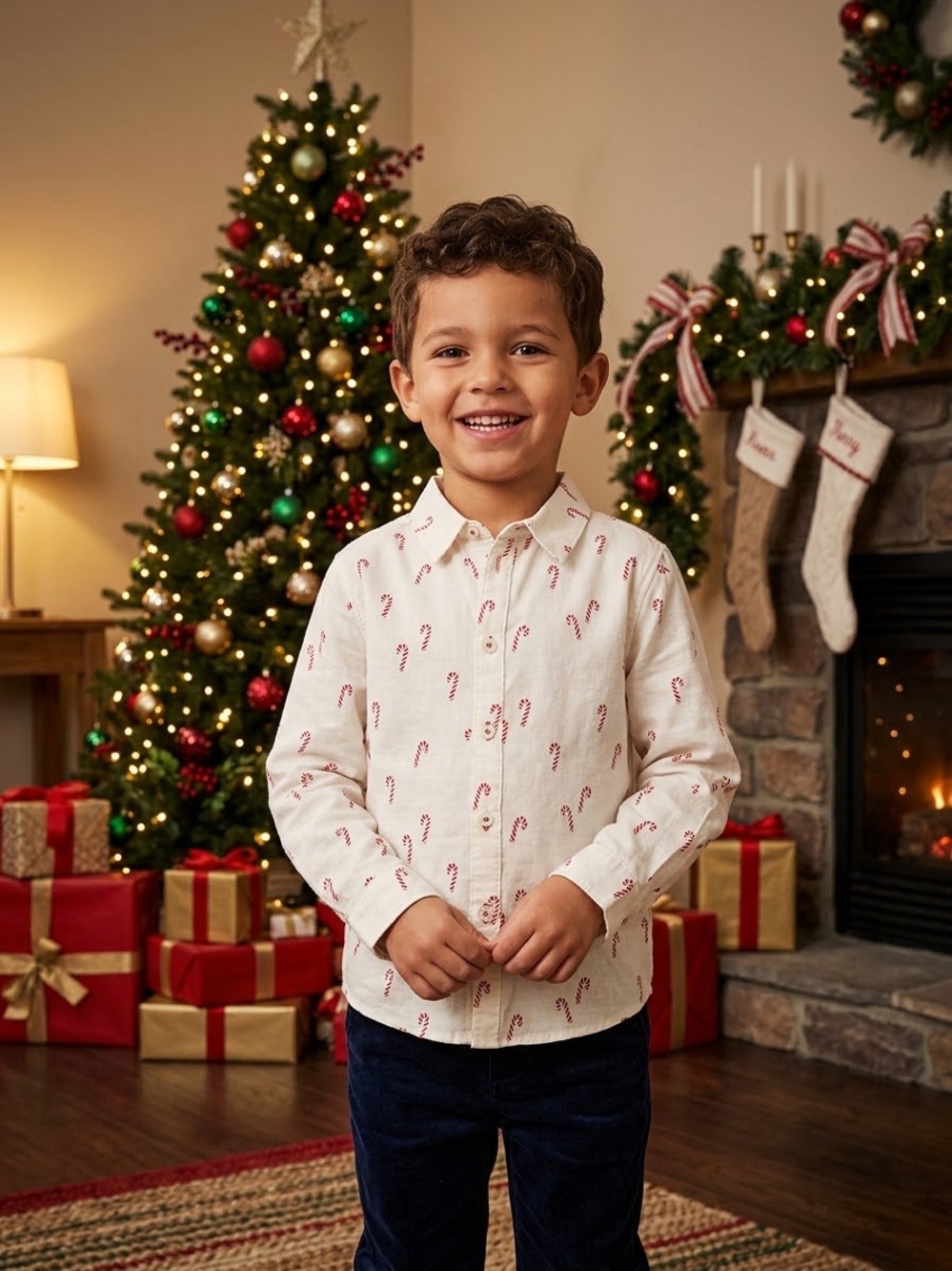 H&M Cream Button-Down Shirt with Red Candy Cane Print